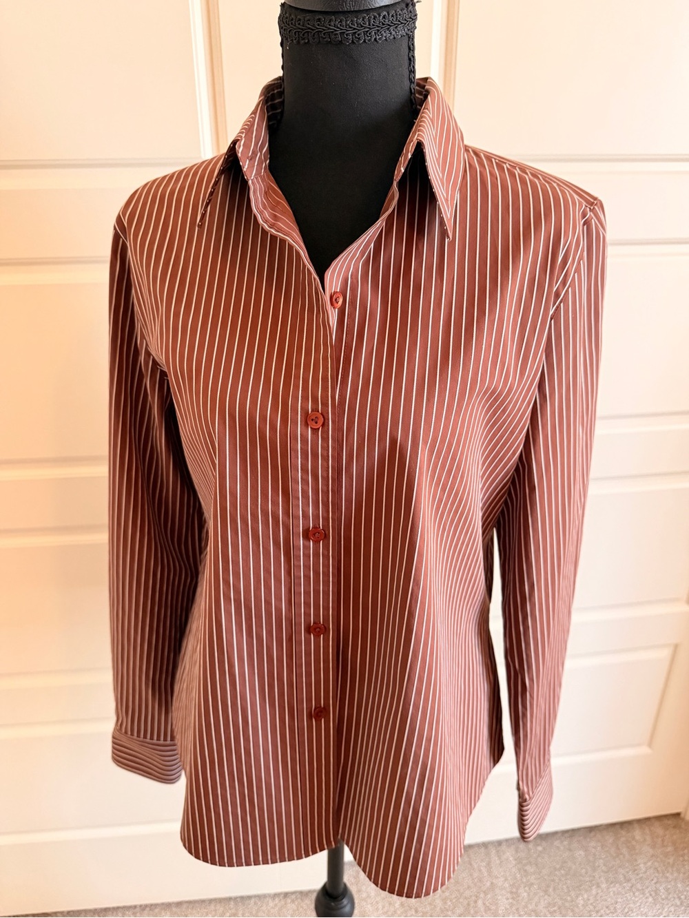 Foxcroft Women’s Long-Sleeve Striped Button-Up Shirt - Brown/White